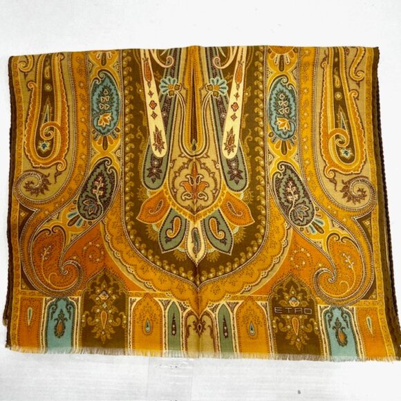 Vgt  ETRO scarf 70%Wool/39% Silk 56"x17" Rusty Gold Blue Paisley Fringed (37) - Picture 8 of 11